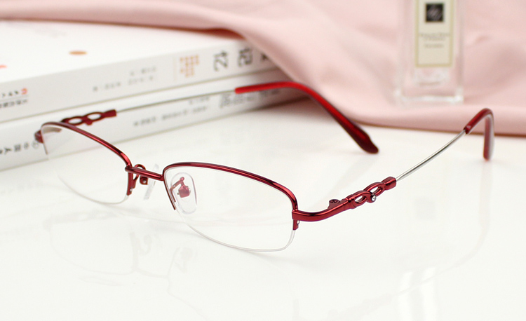 女性 メガネ超軽量 弾力ハーフリム赤色ブランドパソコン メガネ