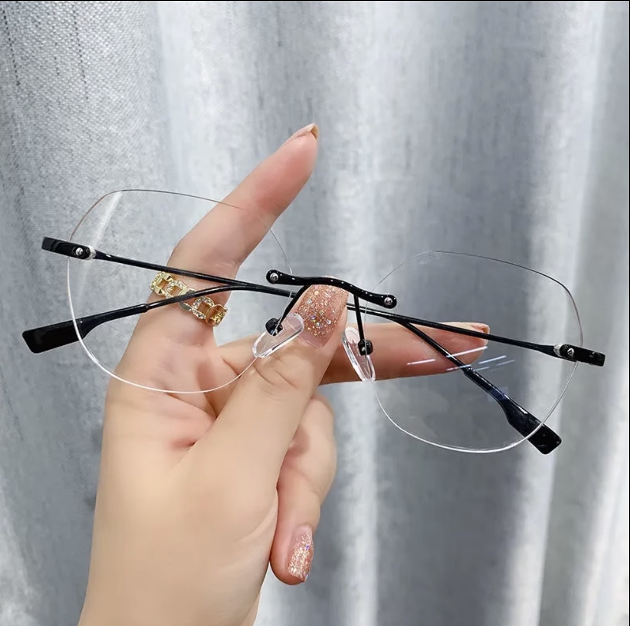 ツーポイントメガネ 安い度付き縁なしメガネ 黒 銀リムレスフレーム