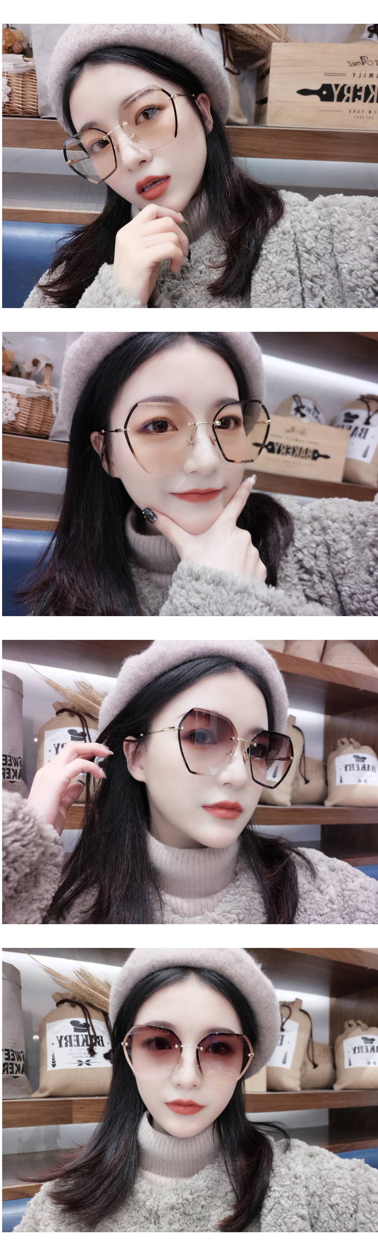 韓国多角形レンズサングラス 通販メガネデザインストアー サングラス今年女性丸い顔個性的リムレス流行りのサングラスメガネ ブランド縁なしライトカラーレンズ
